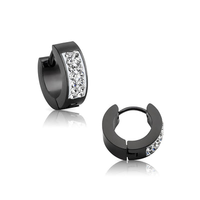 Black IP over 316L Steel Hoop Earrings with Clear Gem Crystals.